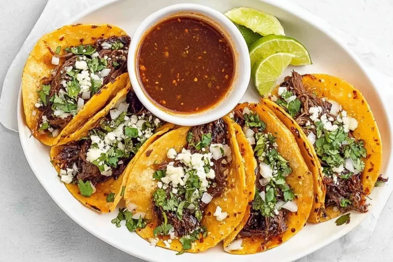 A plate of delicious Beef Birria Tacos with cilantro, onions, crumbled cheese, a side of consommé, and lime wedges.