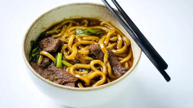 A close-up of a steaming bowl of beef black pepper udon noodles, tender beef, and green vegetables, with black chopsticks.