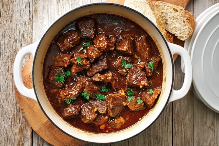Overhead view of a delicious beef carbonnade in a white pot, garnished with fresh parsley, served with crusty bread on a rustic wooden table.
