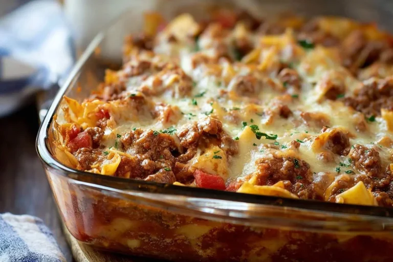 A close-up of a warm, cheesy Beef Lombardi Casserole in a clear glass baking dish, topped with melted cheese and fresh herbs.