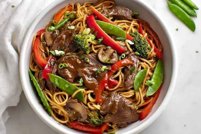 An overhead close-up of a white bowl overflowing with savory Beef Noodles, featuring tender beef, red bell peppers, green sugar snap peas, broccoli, and mushrooms, garnished with fresh green onions.