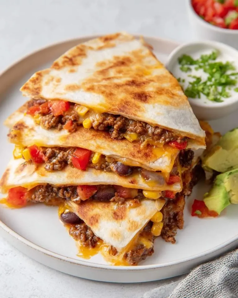 A stack of perfectly grilled beef quesadillas filled with seasoned ground beef, melted cheese, corn, tomatoes, and black beans.