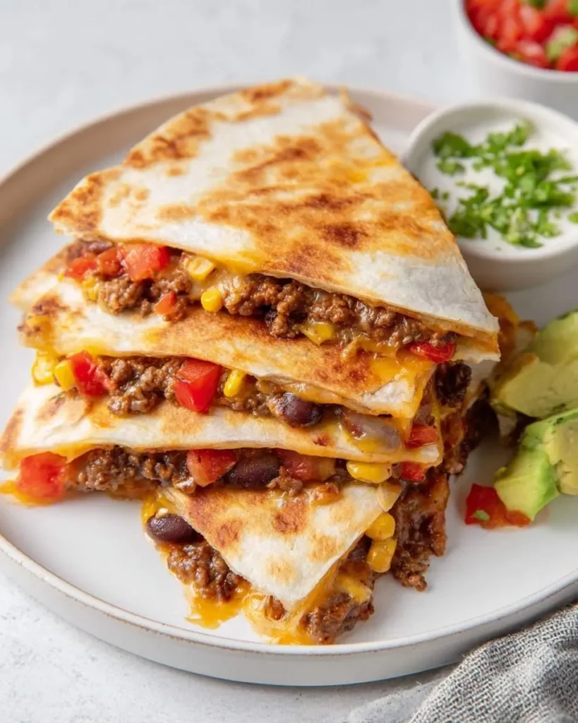 A stack of perfectly grilled beef quesadillas filled with seasoned ground beef, melted cheese, corn, tomatoes, and black beans.