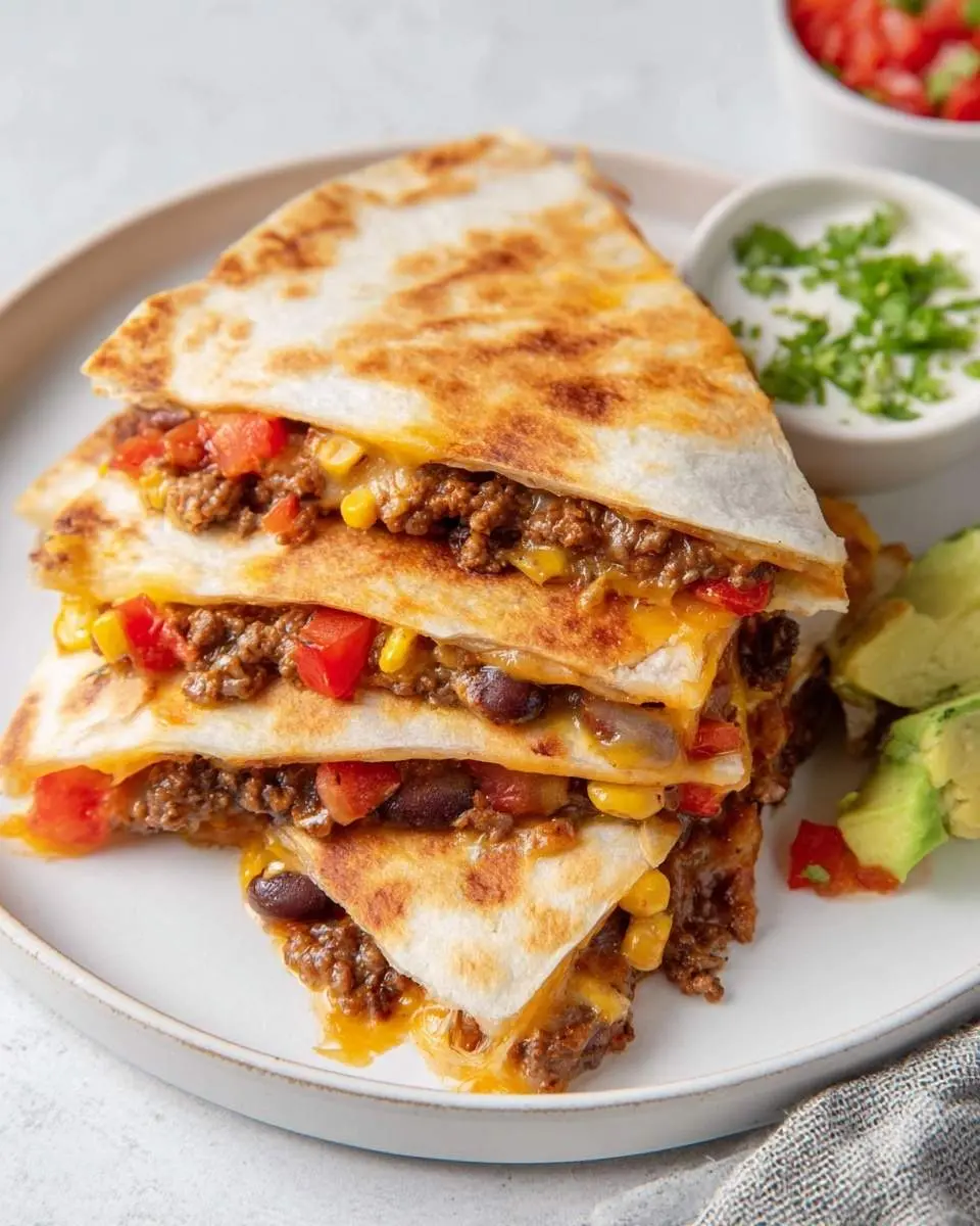 A stack of perfectly grilled beef quesadillas filled with seasoned ground beef, melted cheese, corn, tomatoes, and black beans.