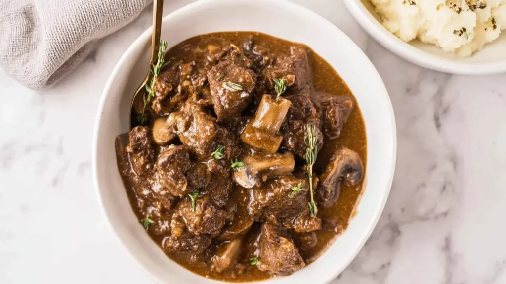 A close-up of a white bowl filled with savory beef tips and gravy, garnished with fresh thyme and mushrooms, with a golden spoon.