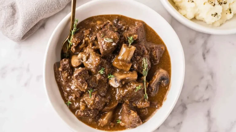 A close-up of a white bowl filled with savory beef tips and gravy, garnished with fresh thyme and mushrooms, with a golden spoon.