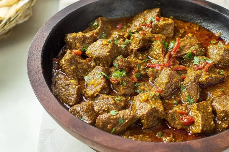 A rustic bowl filled with rich beef vindaloo, showcasing tender beef chunks in a spicy, dark sauce, garnished with fresh herbs and red chili.