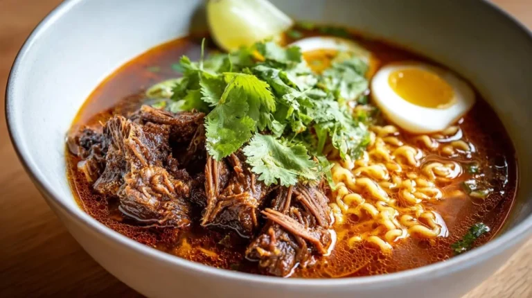 A close-up of a delicious bowl of Birria Ramen topped with tender shredded meat, wavy noodles, a soft-boiled egg, cilantro, and a lime wedge.