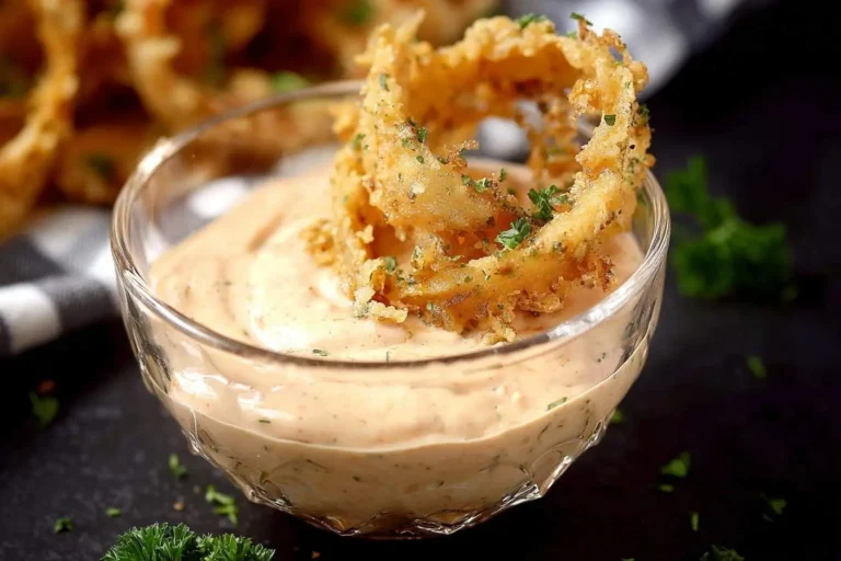 A golden crispy onion ring dipped in a creamy, orange-hued Blooming Onion Sauce, garnished with fresh parsley.