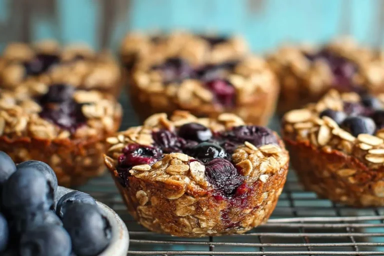 A close-up shot of delicious Blueberry Banana Baked Oatmeal Cups cooling on a wire rack, with fresh blueberries in the foreground.