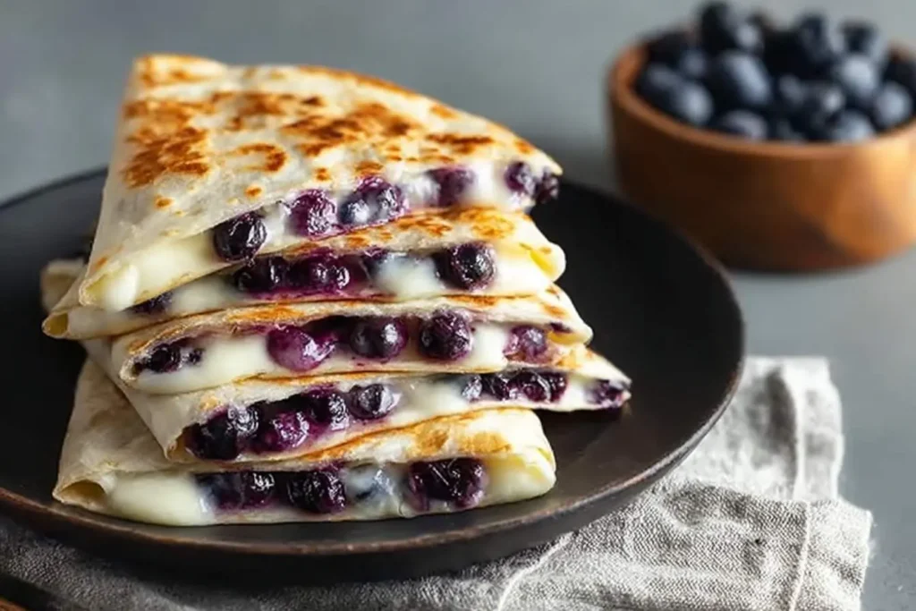 A stack of golden-brown Blueberry Breakfast Quesadilla triangles filled with melted cheese and fresh blueberries on a dark plate.