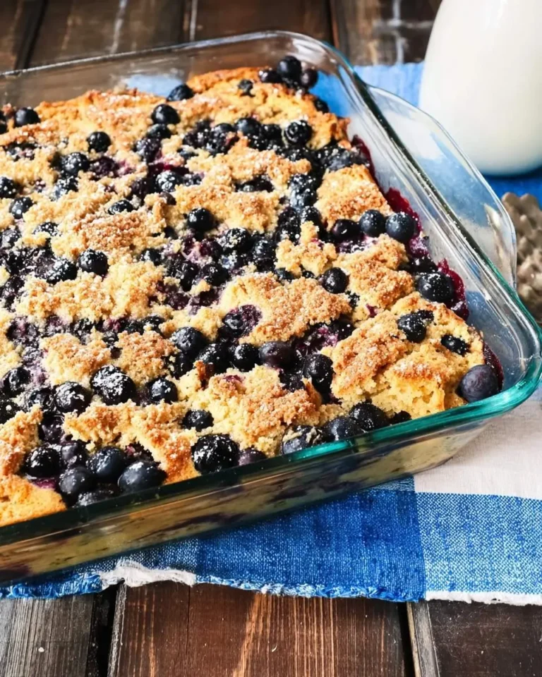 A golden-baked Blueberry Buttermilk Pancake Casserole in a clear glass dish, topped with crumble and fresh berries.