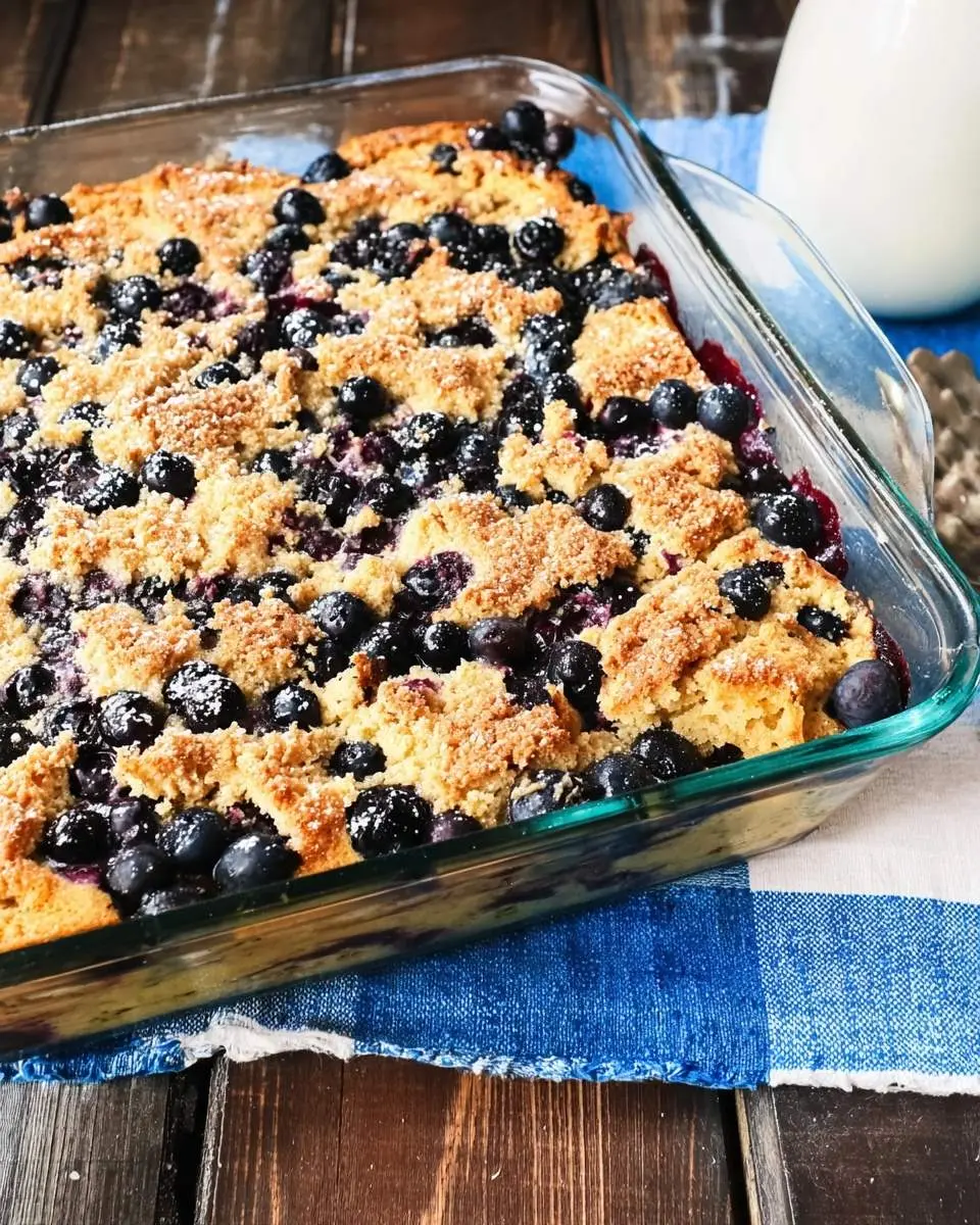 A golden-baked Blueberry Buttermilk Pancake Casserole in a clear glass dish, topped with crumble and fresh berries.