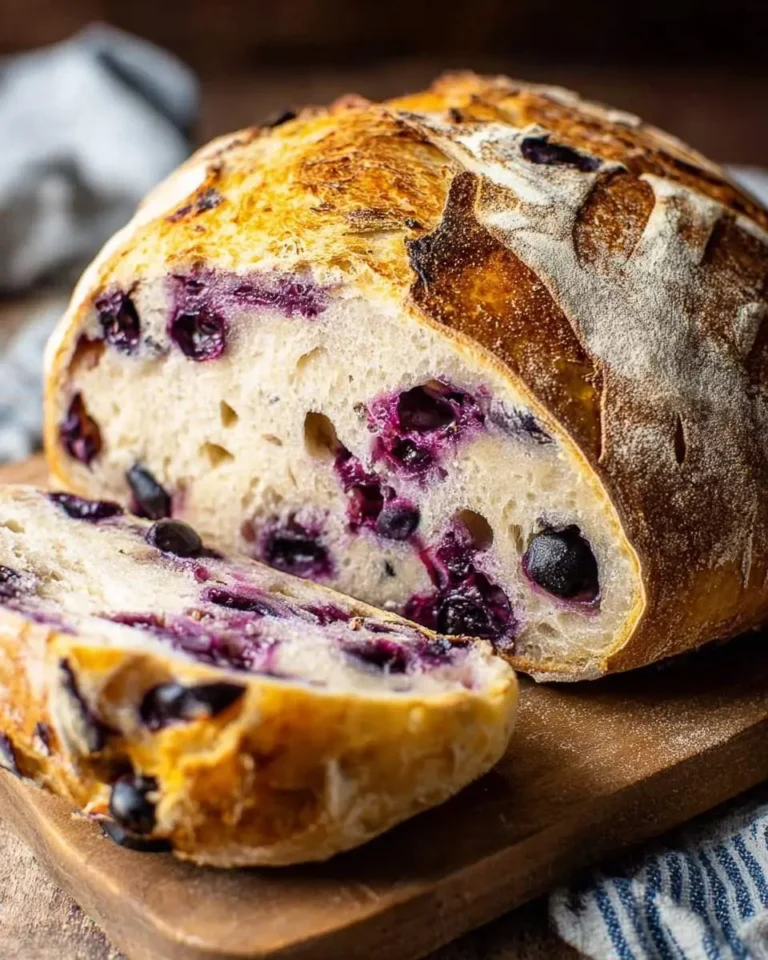 A sliced loaf of golden-crusted blueberry sourdough bread on a wooden board, showcasing vibrant blueberries.