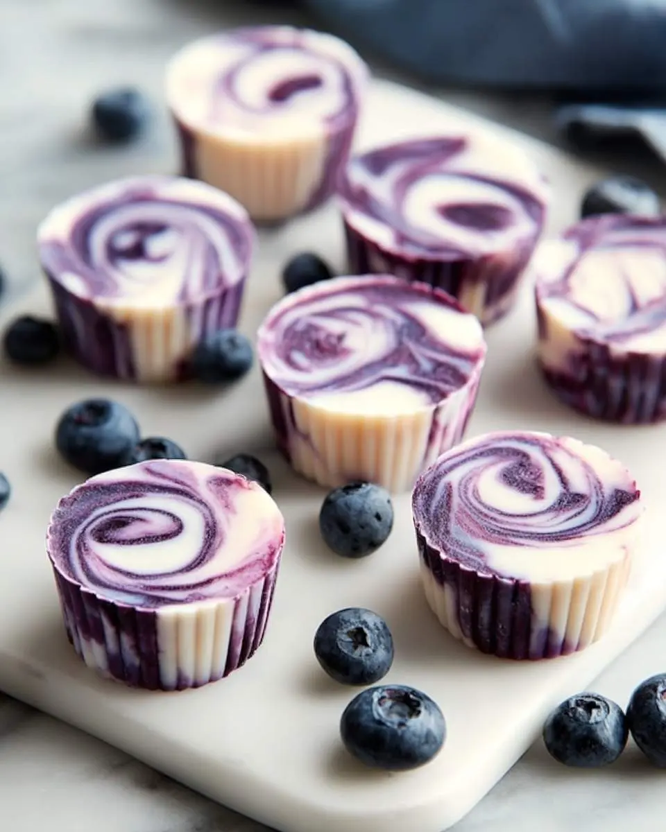 Delicious Blueberry Swirl Yogurt Bites featuring white and purple patterns, scattered with fresh blueberries on a white marble board.