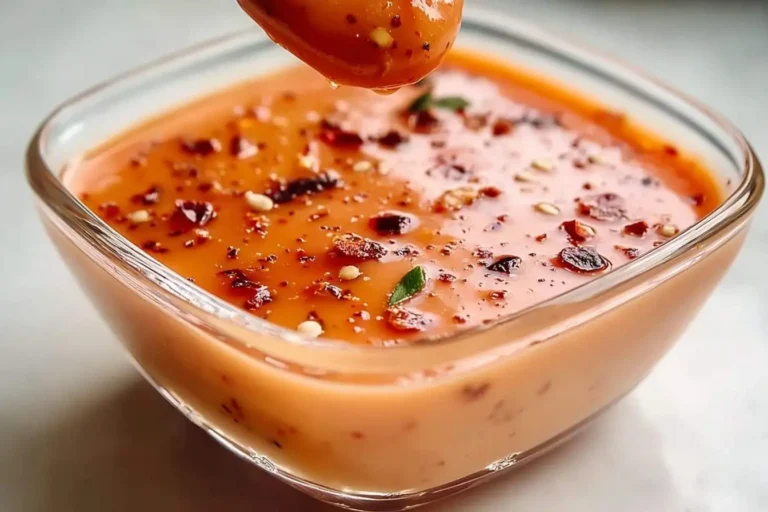 A spoon drips creamy orange Boom Boom Sauce garnished with chili flakes and sesame seeds into a clear glass bowl.