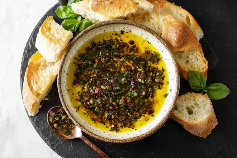 Close-up of vibrant Bread Dipping Oil with herbs and spices in a rustic bowl, surrounded by crusty bread slices and basil.