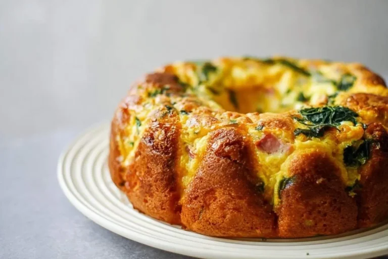 A golden-brown savory Bundt cake baked with eggs, spinach, and ham, presented on a white plate, ideal for breakfast.