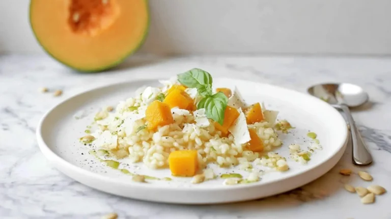 A creamy Butternut Squash Risotto served on a white plate, garnished with basil, parmesan, and pine nuts, with a melon in the background.