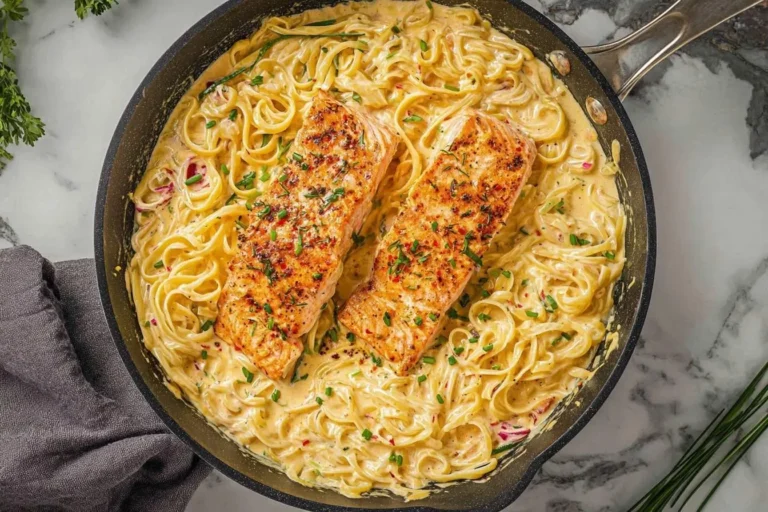 Two seasoned salmon fillets on creamy pasta with Cajun Alfredo Sauce in a skillet, garnished with chives on a marble surface.