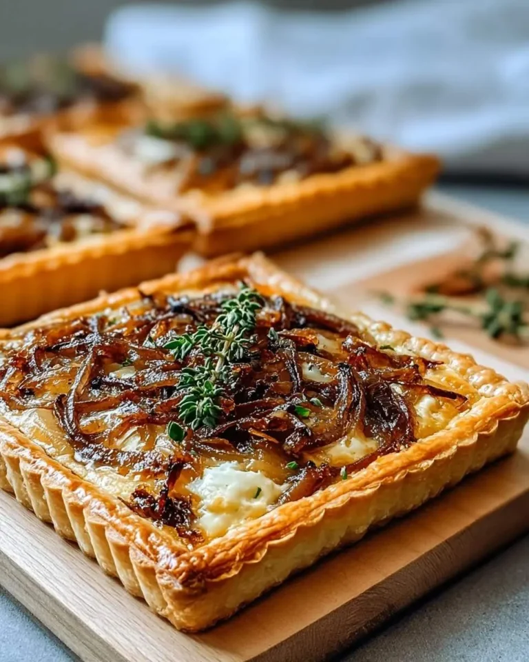 A close-up of a golden, flaky Caramelized Onion Tart topped with sweet caramelized onions, creamy cheese, and fresh thyme, on a wooden board.