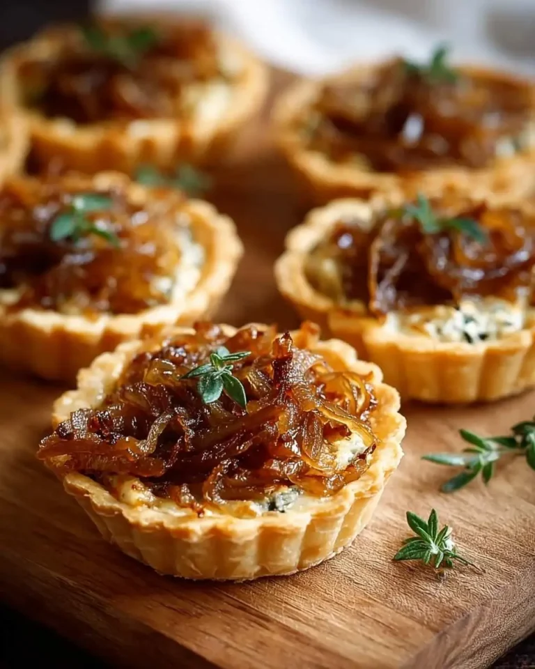 Close-up of several gourmet Caramelized Onion Tartlets on a rustic wooden cutting board, garnished with fresh thyme sprigs.