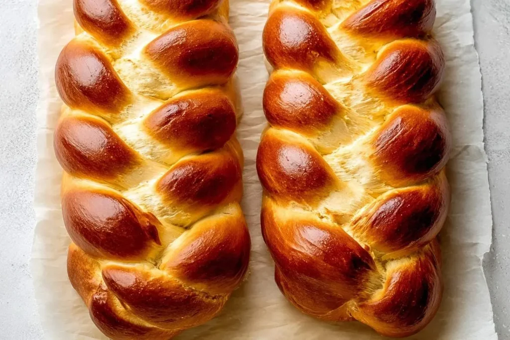 Two freshly baked, perfectly braided golden-brown Challah bread loaves with a shiny finish, resting on parchment paper.