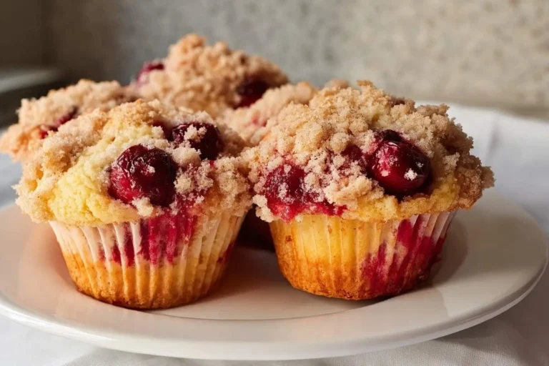 Close-up of several homemade Cherry Cobbler Muffins with a golden crumb topping and visible red cherries on a white plate.
