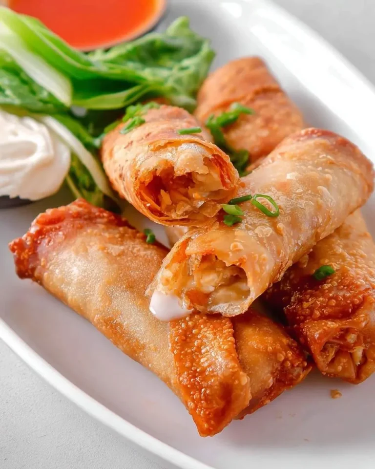 Golden brown, crispy Chicken Egg Rolls arranged on a white plate with fresh greens and dipping sauces; one roll is cut open revealing its savory filling.