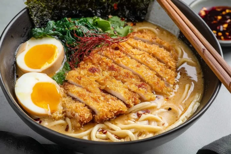 A close-up view of a delicious bowl of Chicken Katsu Ramen featuring crispy chicken, soft-boiled eggs, green vegetables, and noodles.