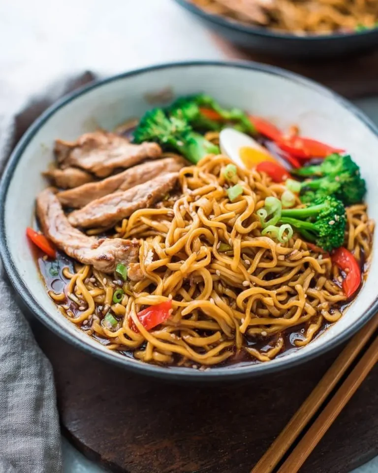 A close-up of a vibrant bowl of Chicken Ramen Noodles with sliced chicken, broccoli, red bell pepper, and a halved egg, garnished with green onions and sesame seeds.