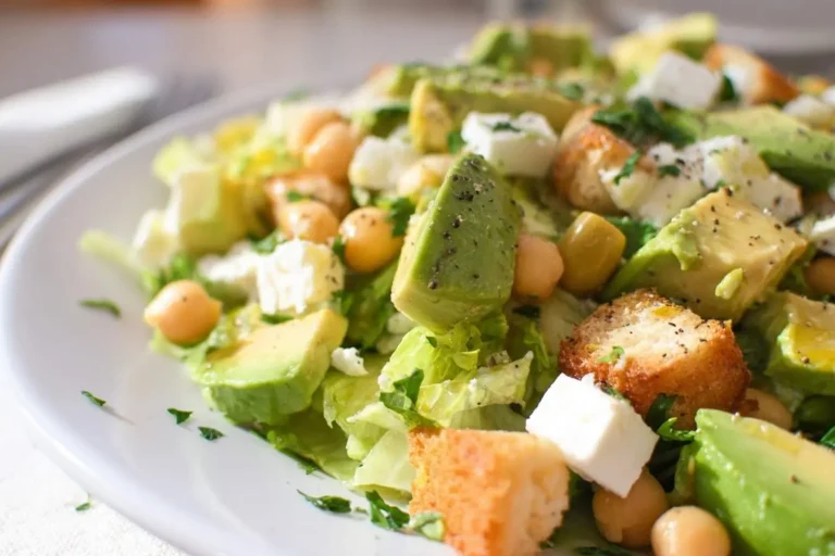 A close-up shot of a fresh and vibrant Chickpea Feta Avocado Salad with crisp lettuce, golden croutons, and cracked pepper.