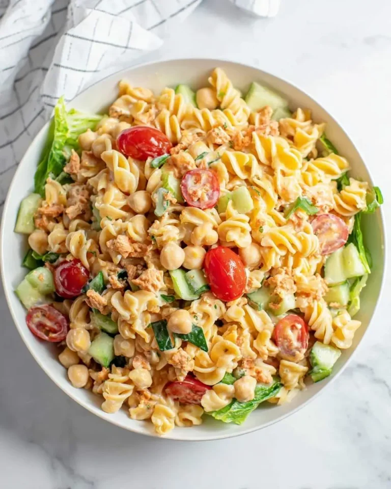 A vibrant bowl of Chickpea Pasta Salad with fusilli, cherry tomatoes, cucumbers, and a creamy dressing on a marble background.