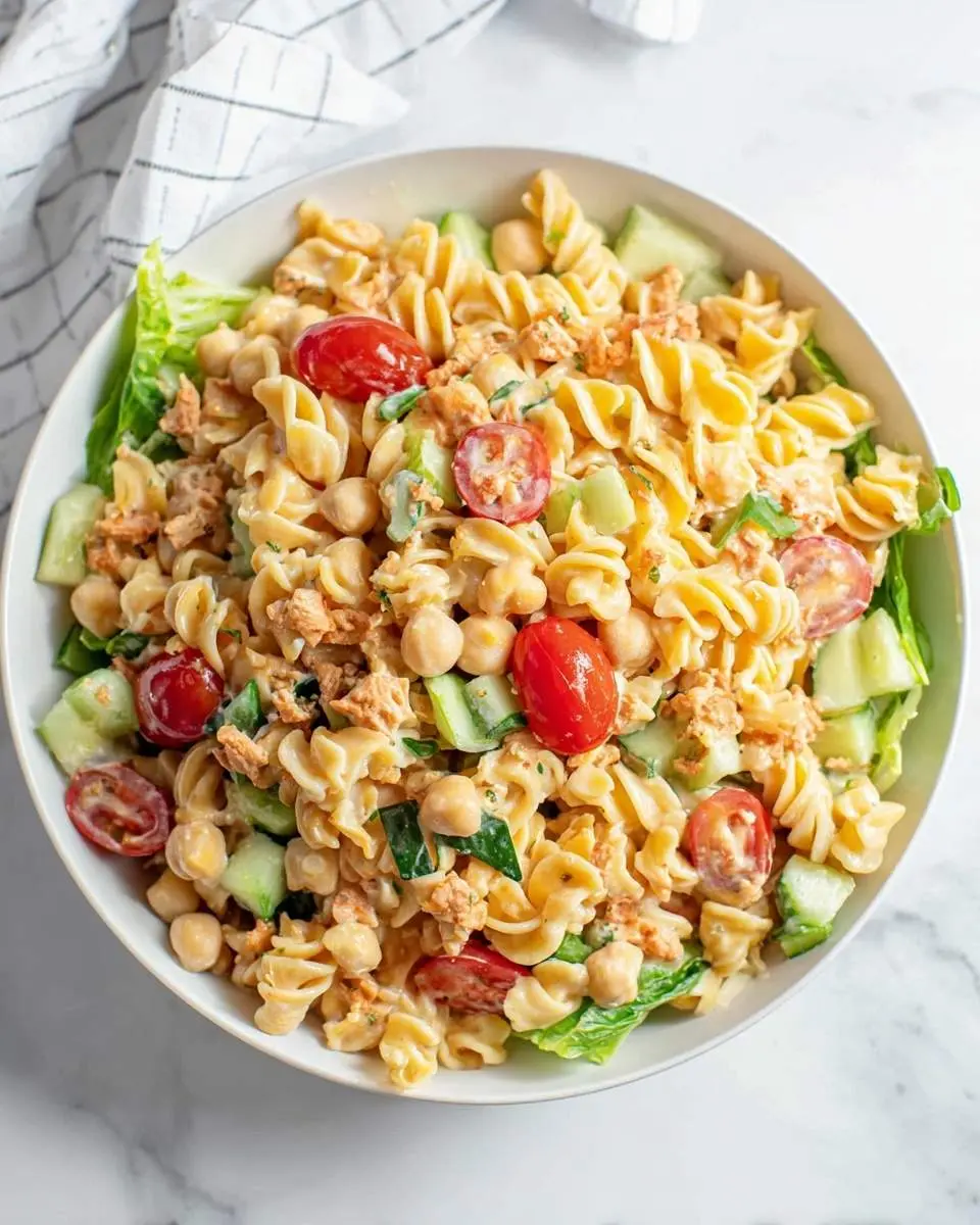 A vibrant bowl of Chickpea Pasta Salad with fusilli, cherry tomatoes, cucumbers, and a creamy dressing on a marble background.