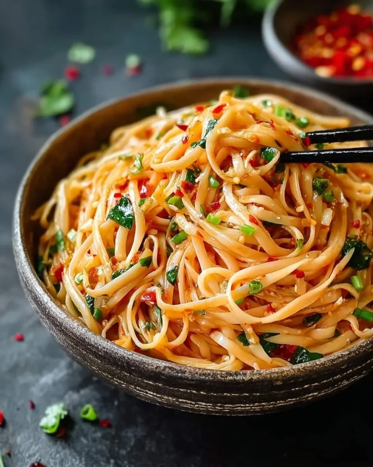A close-up shot of a rustic bowl filled with vibrant Chili Garlic Noodles, garnished with green onions and chili flakes, with chopsticks lifting a serving.