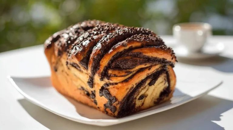 A whole loaf of Chocolate Babka, swirled with rich chocolate and topped with sprinkles, sitting on a white plate outdoors.