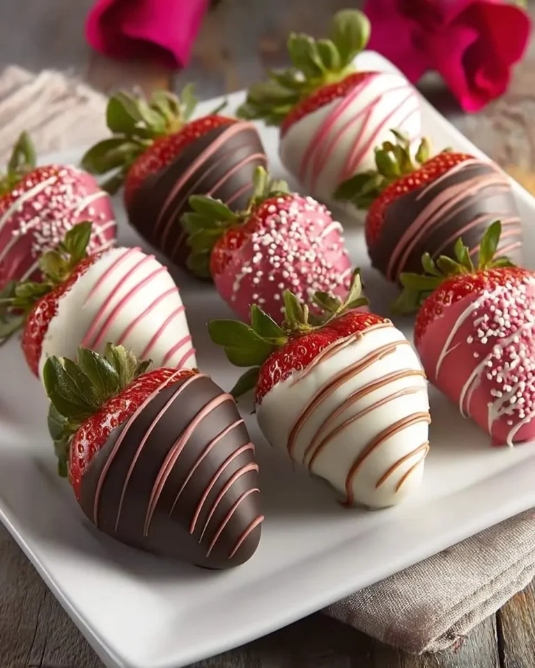 A white platter showcases a delectable assortment of chocolate covered strawberries with various chocolate drizzles and sprinkles.