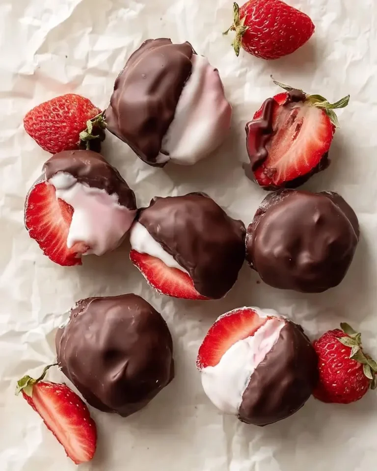 A top-down view of homemade Chocolate Strawberry Yogurt Bites, partially dipped in dark chocolate with creamy white and pink filling, alongside fresh strawberries on parchment paper.