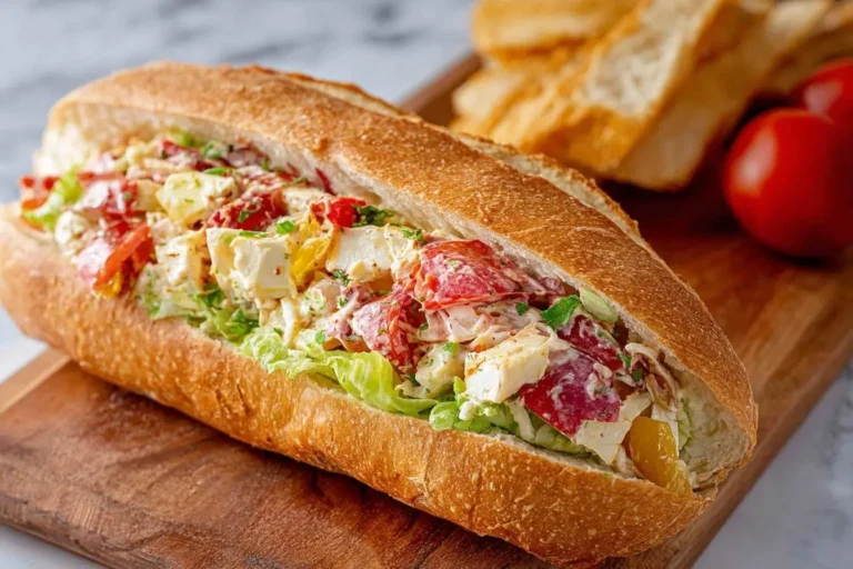 A close-up shot of a delicious Chopped Italian Sandwich, overflowing with fresh lettuce, chopped tomatoes, and feta cheese in a crusty baguette.