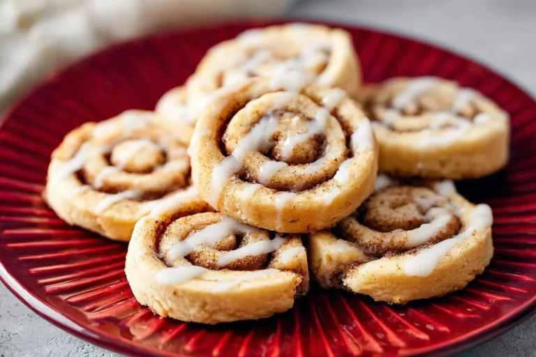 A close-up of a plate piled with freshly baked Cinnamon Roll Cookies, each drizzled with white icing, on a vibrant red ribbed plate.