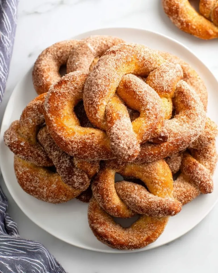 A stack of warm, golden brown Cinnamon Sugar Soft Pretzels coated with sparkling sugar and cinnamon, piled on a white plate.