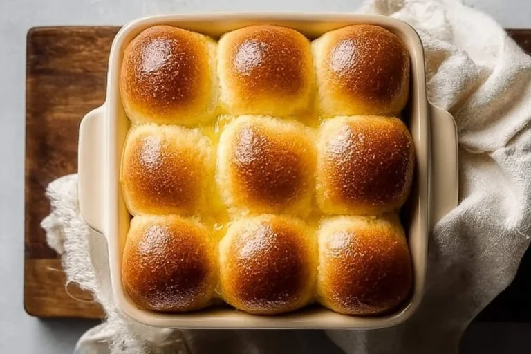 A baking dish filled with nine golden-brown, shiny Copycat Texas Roadhouse Rolls glistening with melted butter, ready to serve.