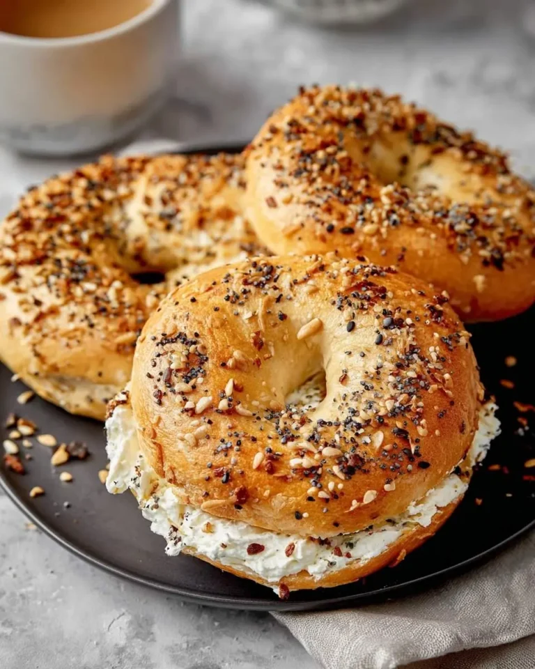 Three golden, seasoned Cottage Cheese Bagels, one sliced and generously filled with creamy cottage cheese on a black plate.
