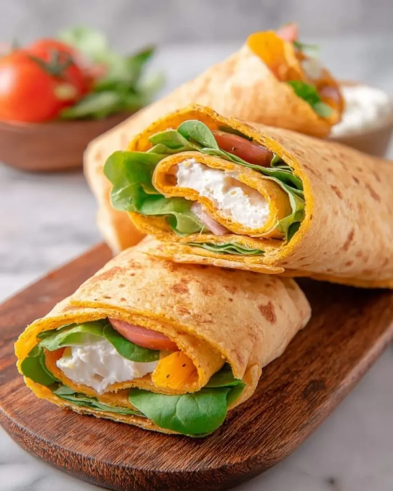 Delicious Cottage Cheese Wraps filled with fresh spinach, tomato, and roasted sweet potato, served on a wooden board.