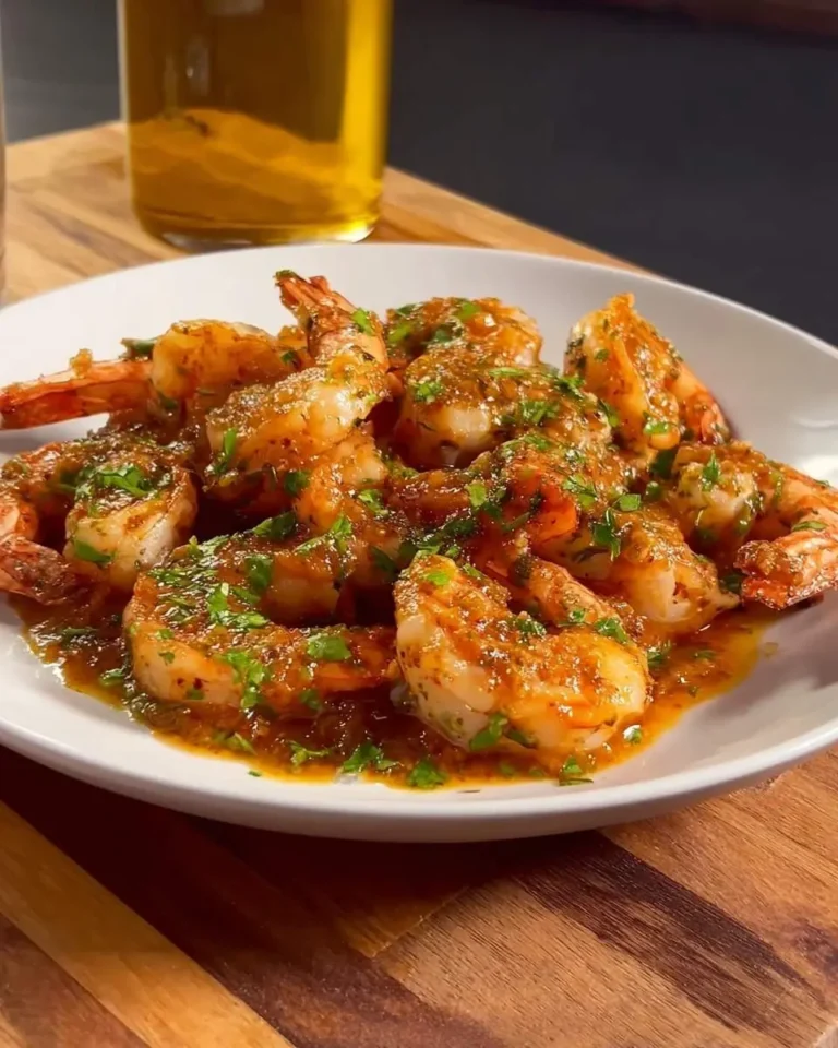 A plate of golden Cowboy Butter Shrimp, coated in a rich sauce and garnished with fresh parsley, served on a wooden board.