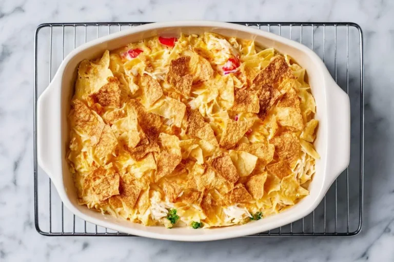 A creamy crab rangoon casserole topped with golden crispy wonton strips, served in a white baking dish on a metal rack.