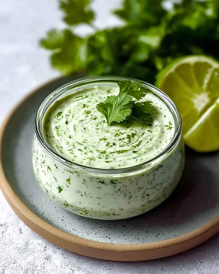 A glass bowl filled with vibrant green Creamy Cilantro Garlic Sauce, garnished with a fresh cilantro sprig, on a plate with lime wedges and cilantro in the background.
