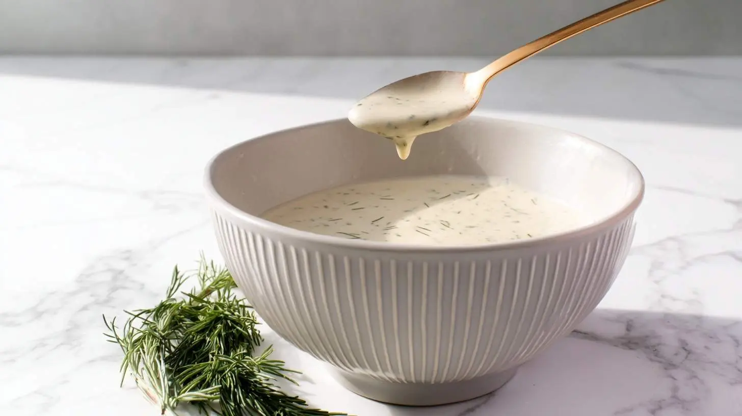 A golden spoon drips a rich Creamy Tarragon Sauce from a ribbed bowl on a marble counter next to fresh herbs.