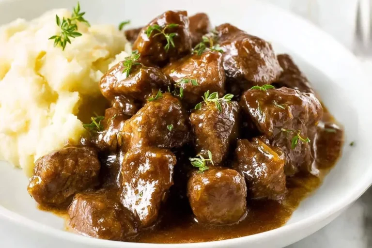 A white plate featuring a generous serving of Crockpot Beef Tips With Gravy, garnished with fresh thyme, alongside creamy mashed potatoes.