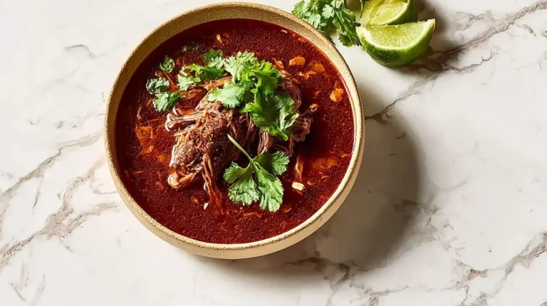 A rustic bowl filled with rich crockpot Mexican birria, featuring tender shredded meat in a deep red broth, garnished with fresh cilantro and lime wedges on a marble countertop.
